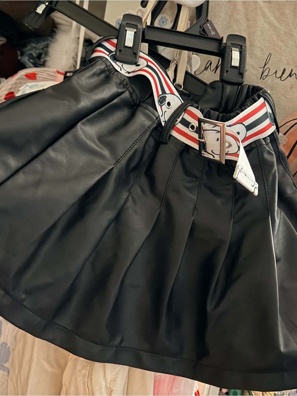 Justice Black Faux Leather Skater Skirt with Red White and Blue Striped Belt